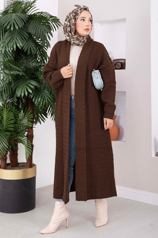 Lange Gemusterte Strickjacke Mit Schal-Kragen In Kaffee