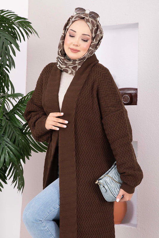Lange Gemusterte Strickjacke Mit Schal-Kragen In Kaffee