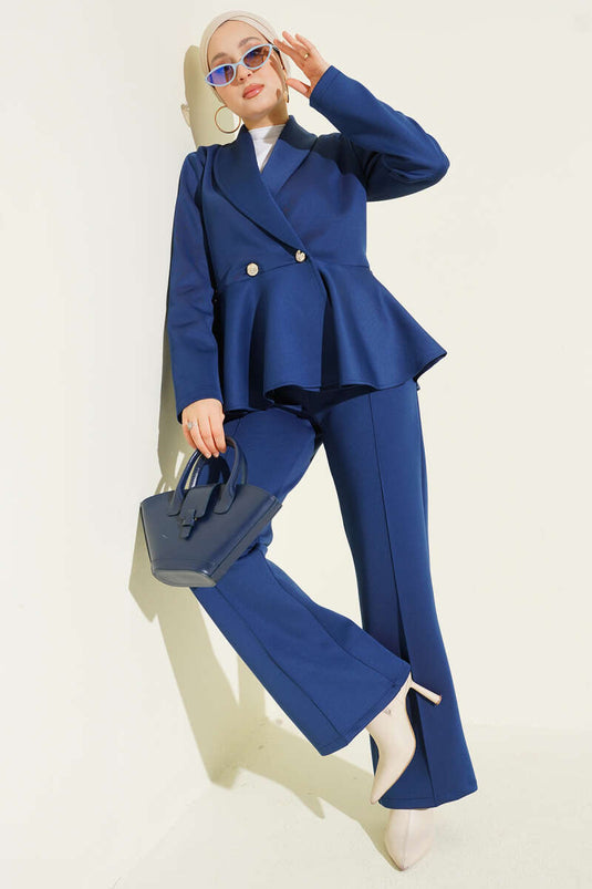 Şal Yaka Düğmeli Scuba İkili Takım Lacivert