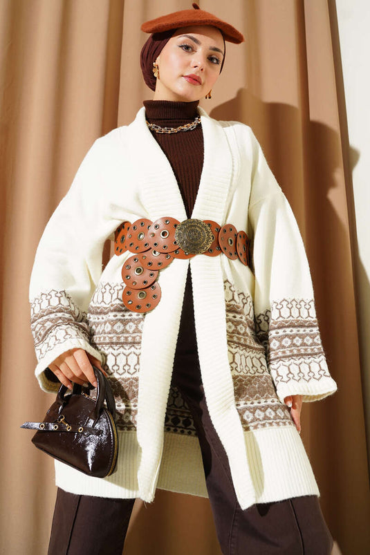 Shawl Collar Ethnic Pattern Knitwear Cardigan Ecru