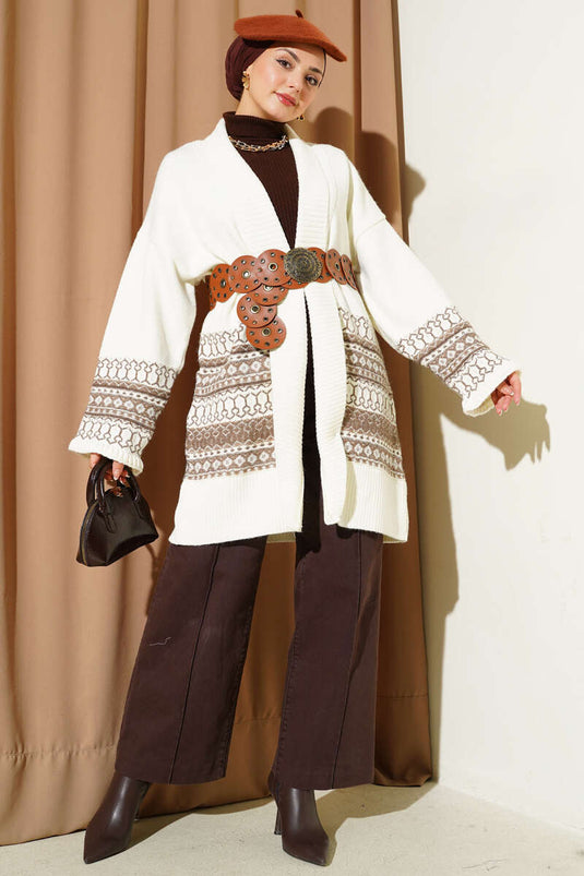 Shawl Collar Ethnic Pattern Knitwear Cardigan Ecru