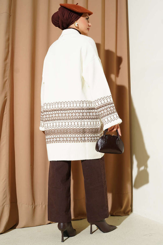 Shawl Collar Ethnic Pattern Knitwear Cardigan Ecru