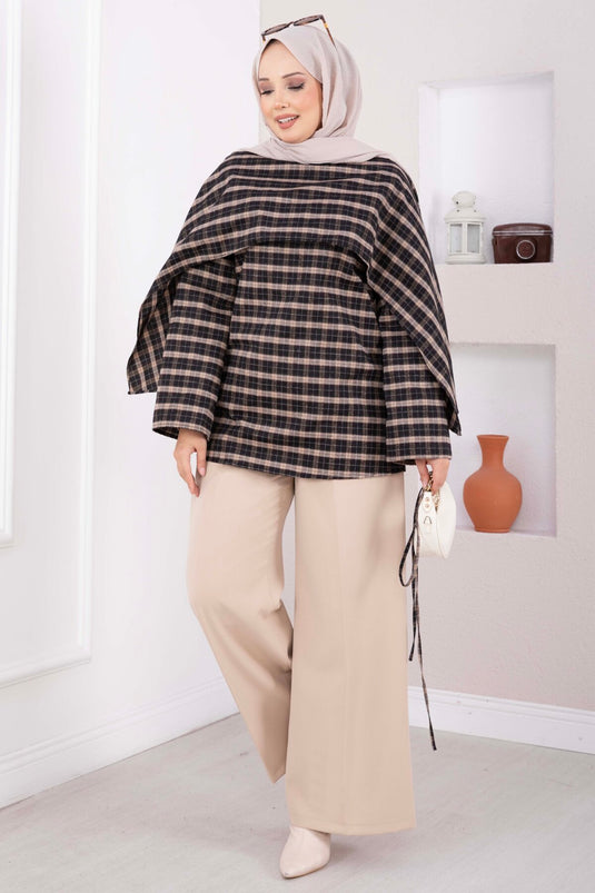 Tunique À Carreaux Beige Avec Col Châle Et Ceinture