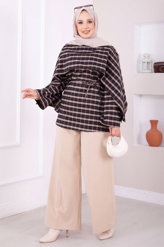 Tunique À Carreaux Beige Avec Col Châle Et Ceinture