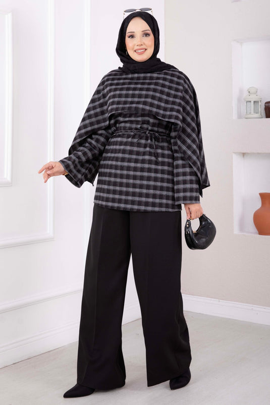 Black Checkered Tunic With Shawl Collar And Belt