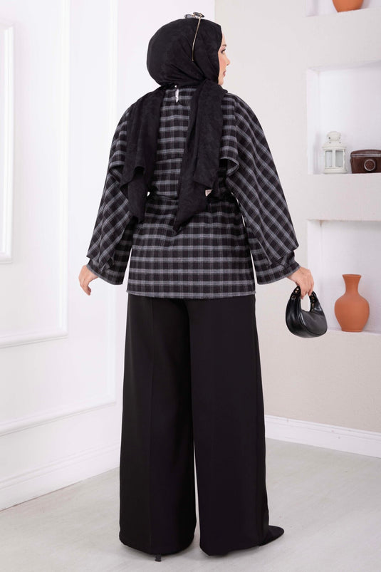 Black Checkered Tunic With Shawl Collar And Belt