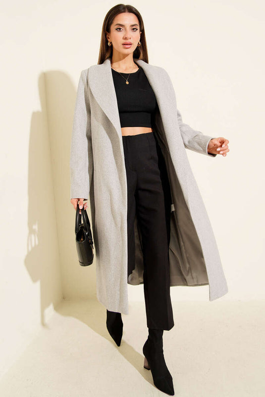 Şal Yaka Kuşaklı Kaşe Kaban Gri