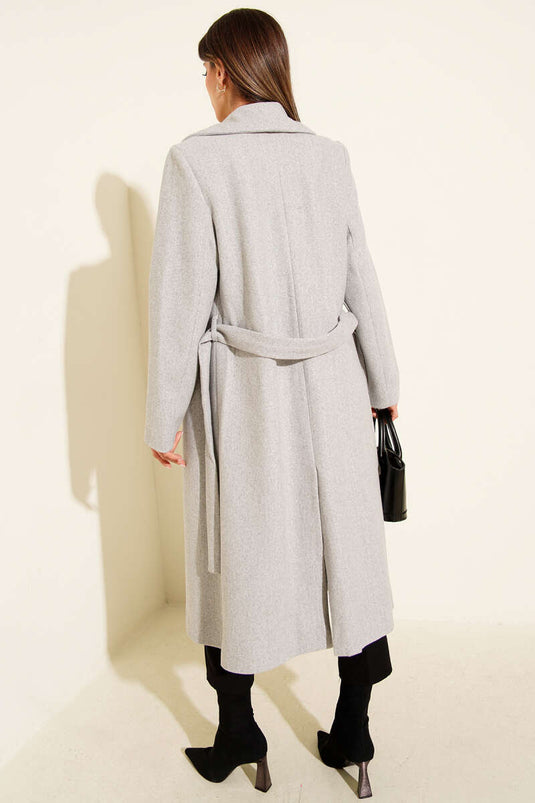 Şal Yaka Kuşaklı Kaşe Kaban Gri