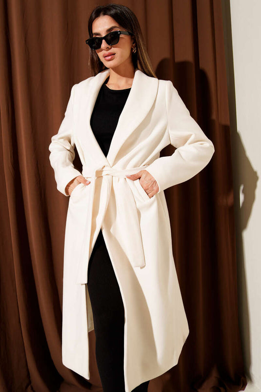 Şal Yaka Kuşaklı Kaşe Kaban Krem