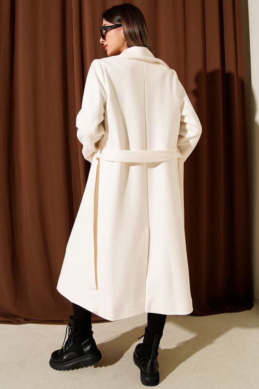 Şal Yaka Kuşaklı Kaşe Kaban Krem