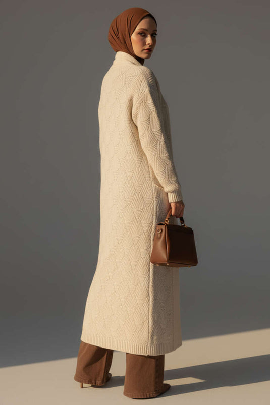 Şal Yaka Örgü Desenli Uzun Triko Hırka Bej