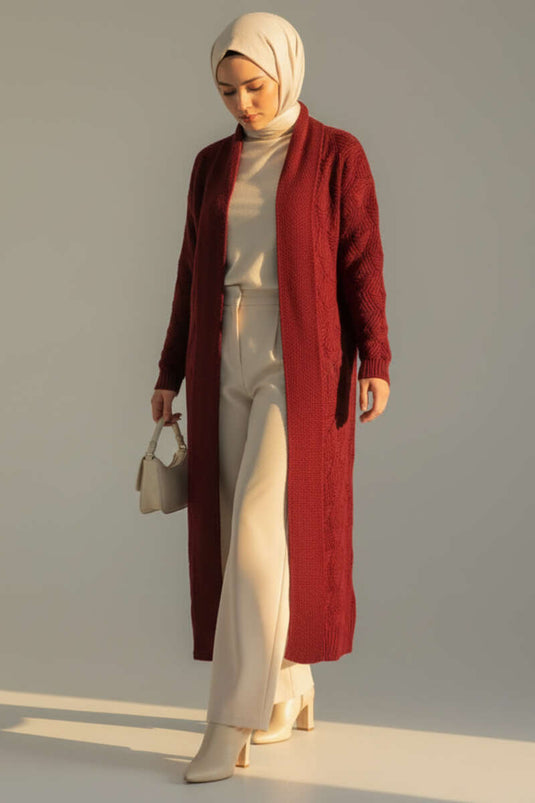Long Knitted Cardigan with Shawl Collar and Knitted Pattern, Burgundy