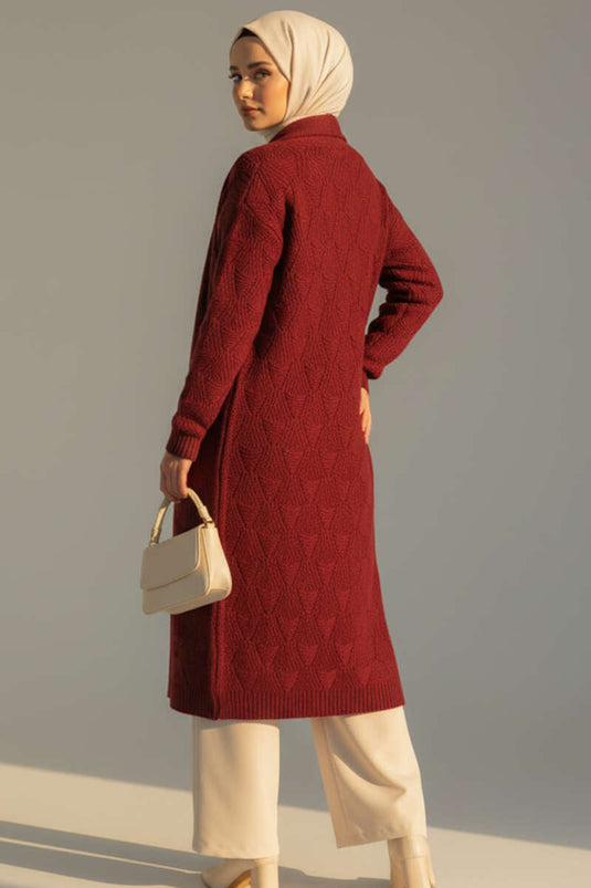 Long Knitted Cardigan with Shawl Collar and Knitted Pattern, Burgundy