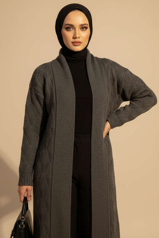 Cardigan long en maille à col châle et motifs fumé