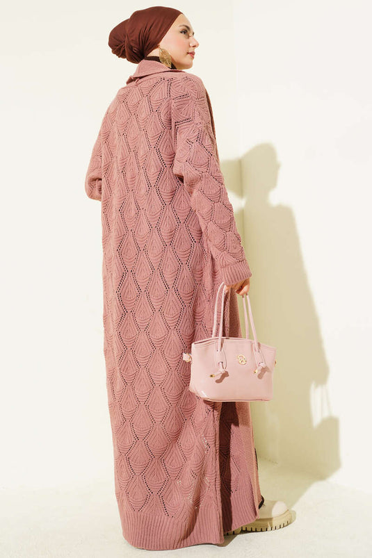 Şal Yaka Örgü Desenli Uzun Triko Hırka Gül Kurusu