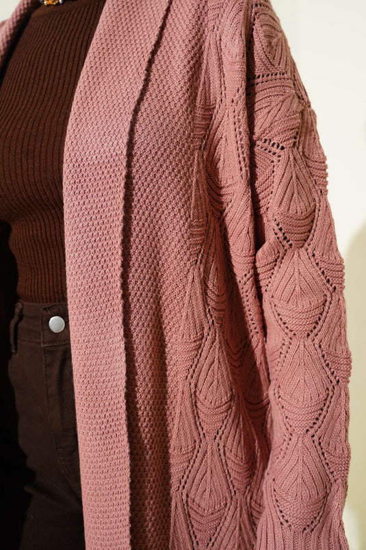 Gilet long tricoté à col châle, rose