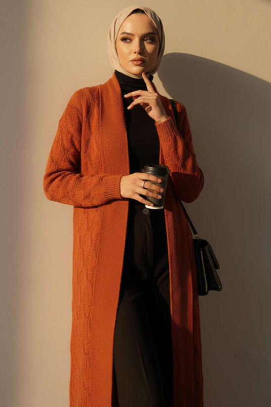 Cardigan long en maille à col châle et motifs brique