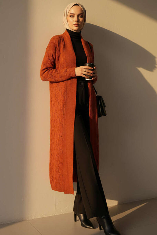 Cardigan long en maille à col châle et motifs brique