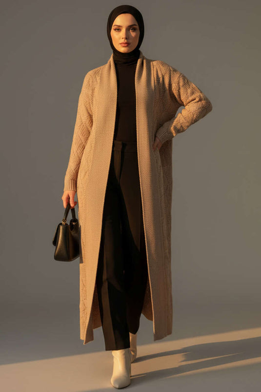 Cardigan long en maille à motifs et col châle Latte