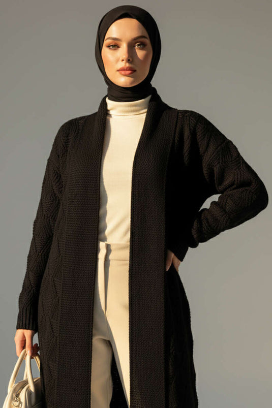 Cardigan long en maille à col châle et motifs noirs