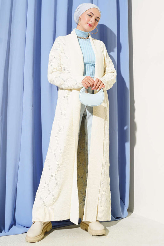 كارديجان طويل بنمط حياكة بياقة شال، لون حجري