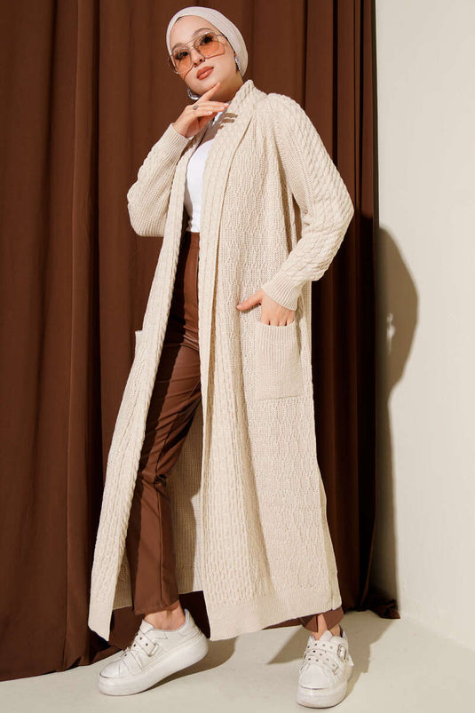 كارديجان محبوك منقوش بياقة شال، لون بيج