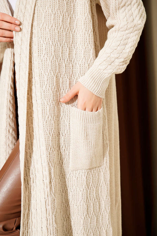 كارديجان محبوك منقوش بياقة شال، لون بيج