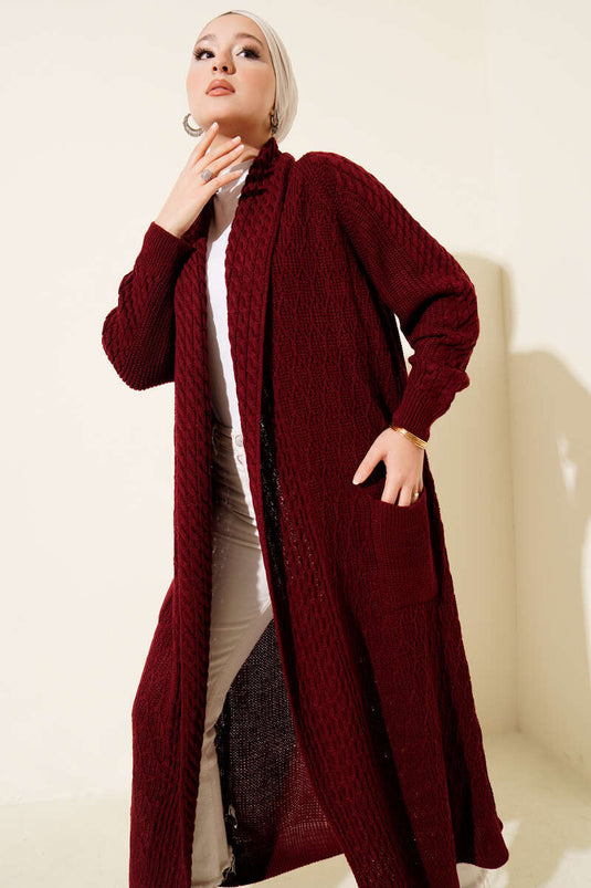 Shawl Collar Knitted Embossed Knitwear Cardigan Burgundy