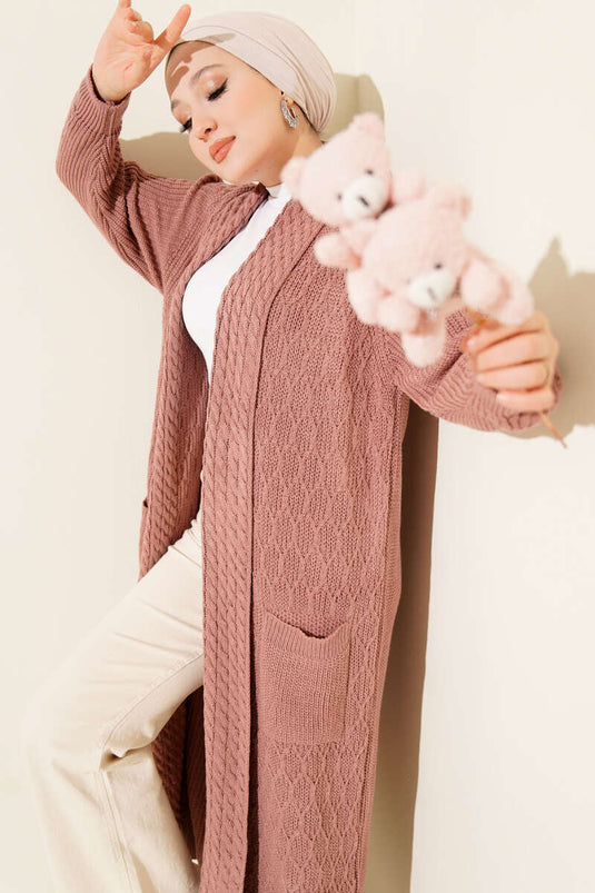 Cardigan in maglia con collo a scialle e lavorazione a maglia goffrata, colore rosa antico