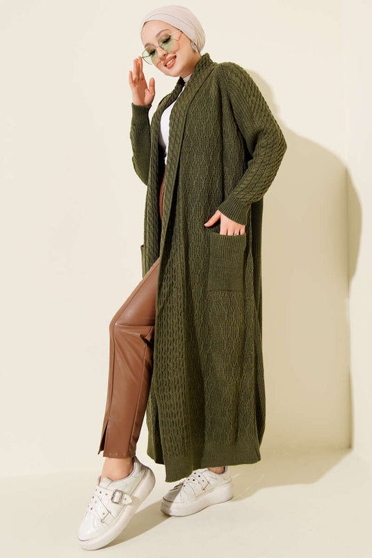 Strickcardigan mit Schalkragen und Prägung, Khaki