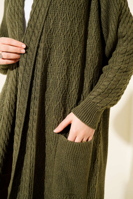 Strickcardigan mit Schalkragen und Prägung, Khaki