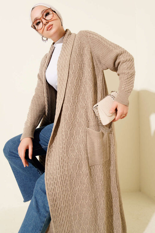 Shawl Collar Knitted Embossed Knitwear Cardigan Latte