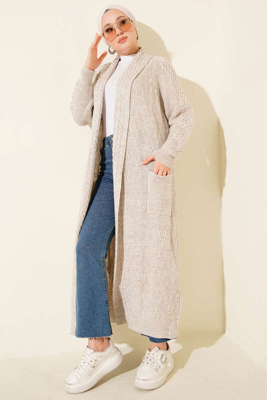 Shawl Collar Knitted Embossed Knitwear Cardigan Stone
