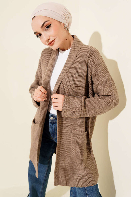 كارديجان بياقة شال وتطريز أرز، لون برونزي