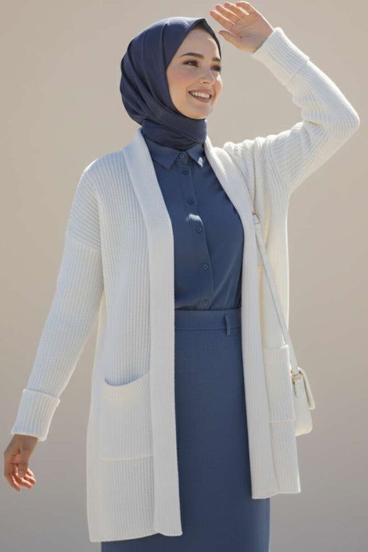 Shawl Collar Rice Stitch Cardigan, Ecru