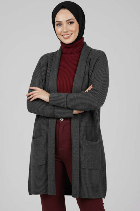 Gilet En Maille Côtelée À Col Châle Gris Fumée