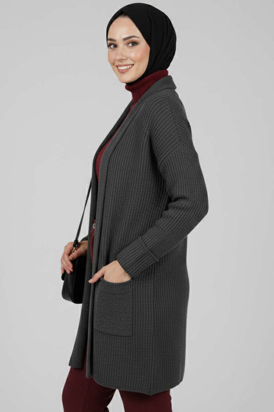 Gilet En Maille Côtelée À Col Châle Gris Fumée