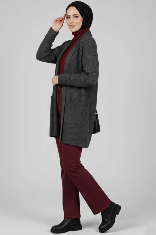 Shawl Collar Rice Stitch Cardigan, Dark Gray