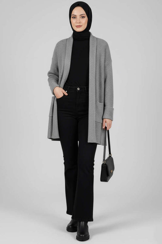 Şal Yaka Pirinç Örgü Triko Hırka Gri