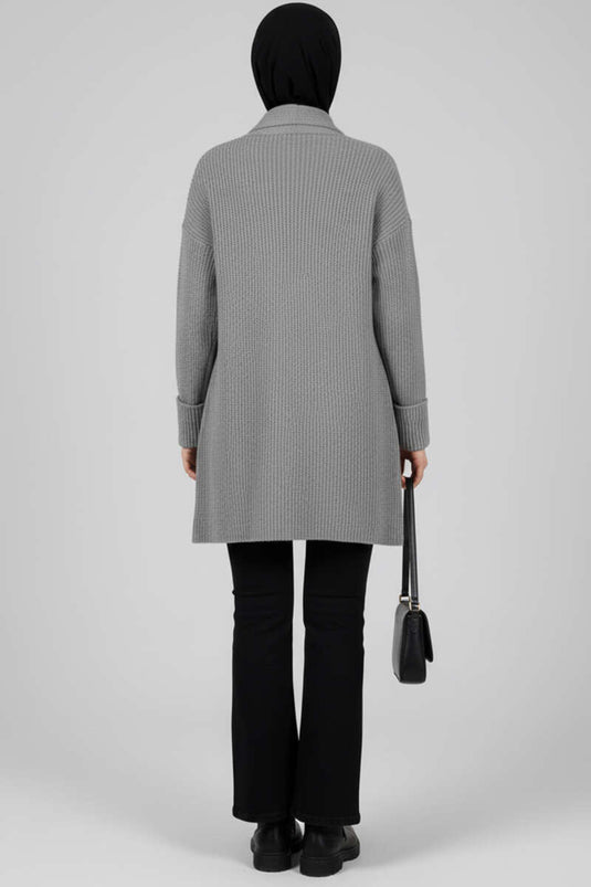 Şal Yaka Pirinç Örgü Triko Hırka Gri