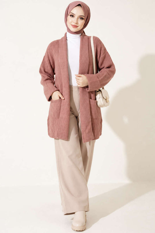 Strickjacke Mit Shawl-Kragen Und Perlen, Rosa Staub