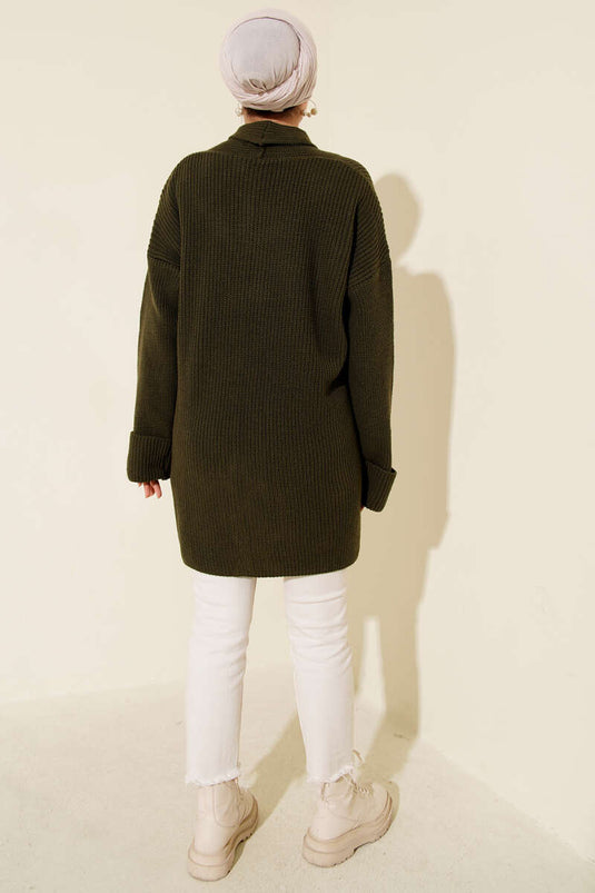 كارديجان بياقة شال وتطريز أرز، لون كاكي