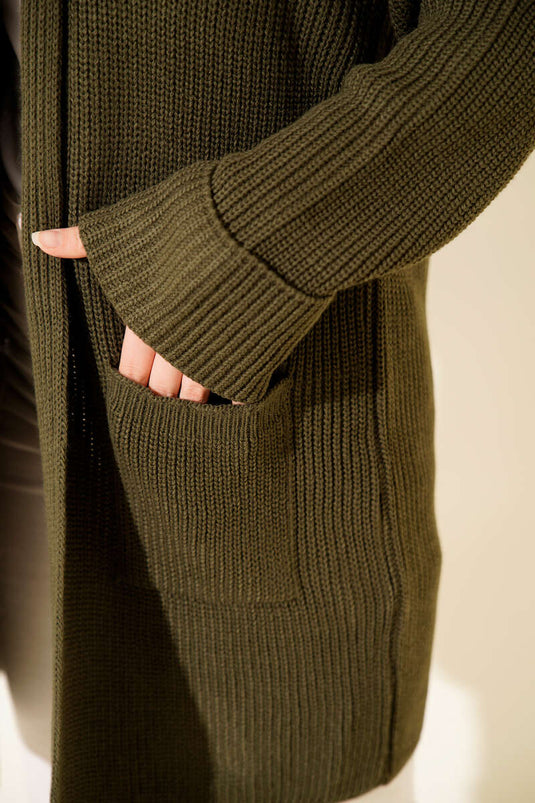 كارديجان بياقة شال وتطريز أرز، لون كاكي