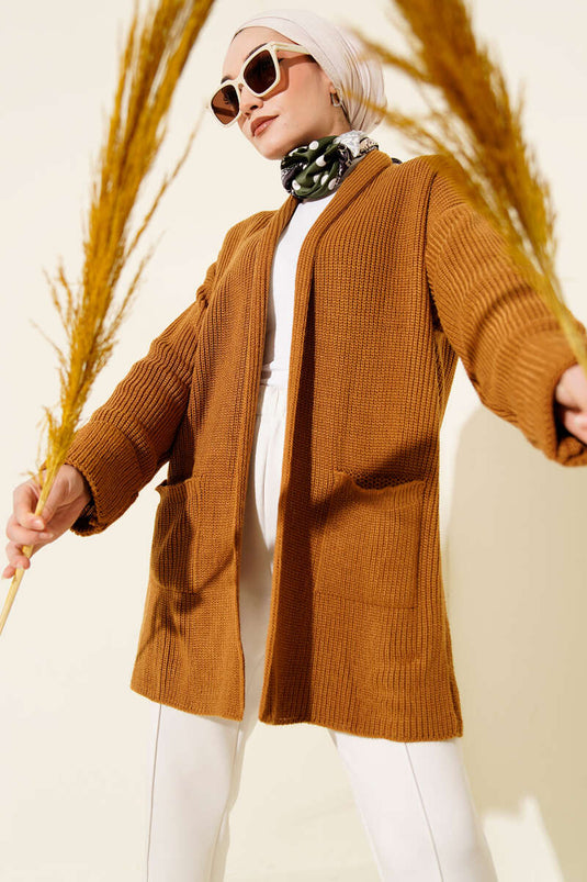 كارديجان بياقة شال وتطريز أرز، لون خردلي