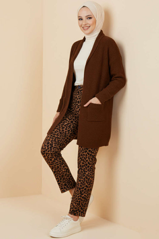 Şal Yaka Pirinç Örgü Triko Hırka Kahve