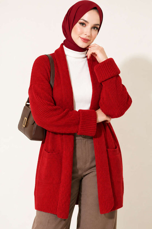 Chaqueta De Punto Roja Con Cuello Chal