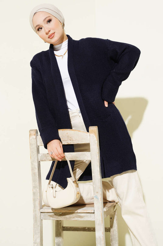 Shawl Collar Brass Knit Sweater Cardigan Navy Blue