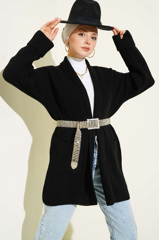 Gilet En Maille Côtelée À Col Châle Noir