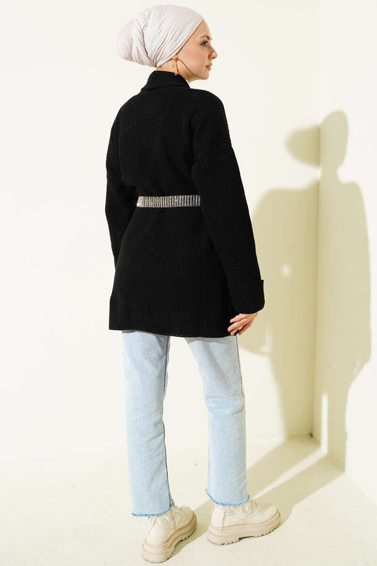 Gilet En Maille Côtelée À Col Châle Noir