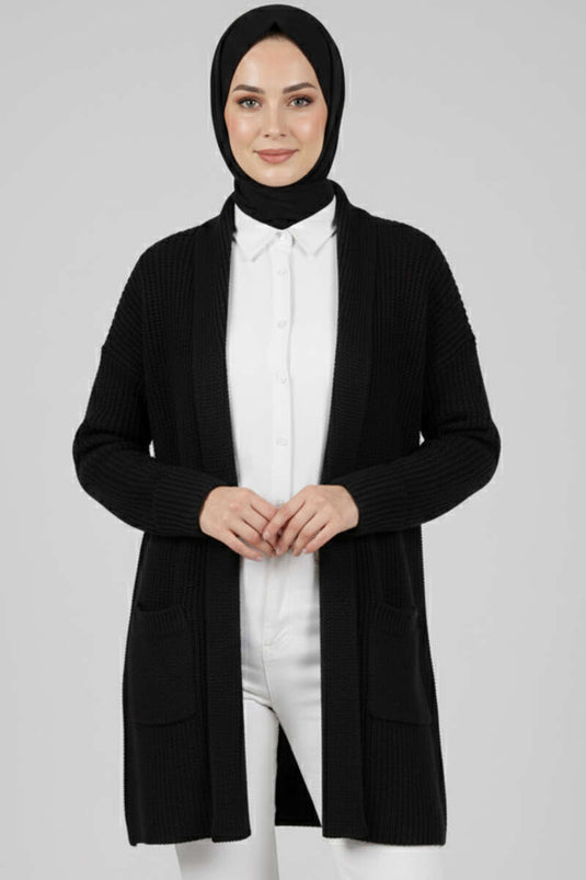 Shawl Collar Rice Stitch Cardigan Black